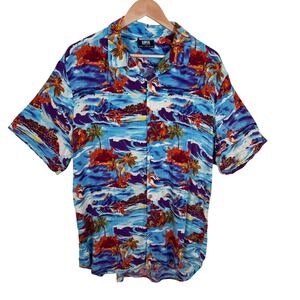 Super‎ Massive Hawaiian Shirt Tropical Palm Tree Print Button Up Blue Large